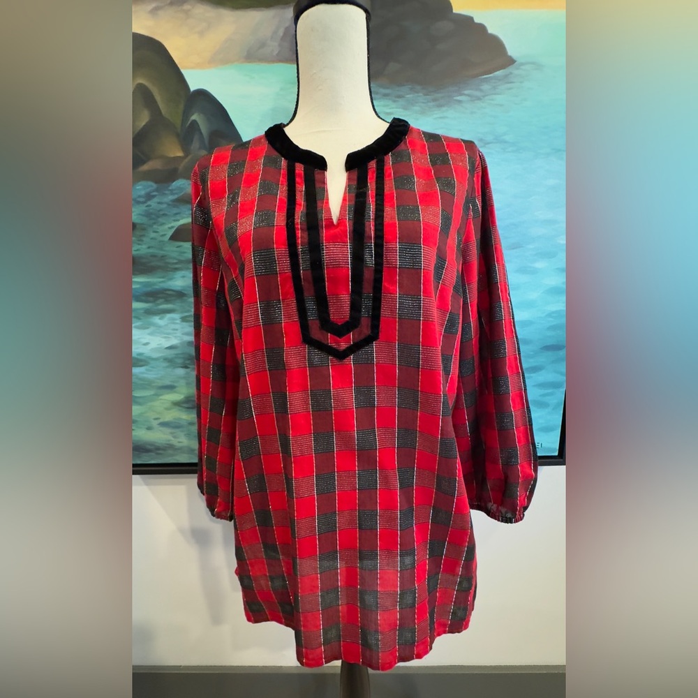 Talbots Red and Black Plaid Tunic with Silver Accents